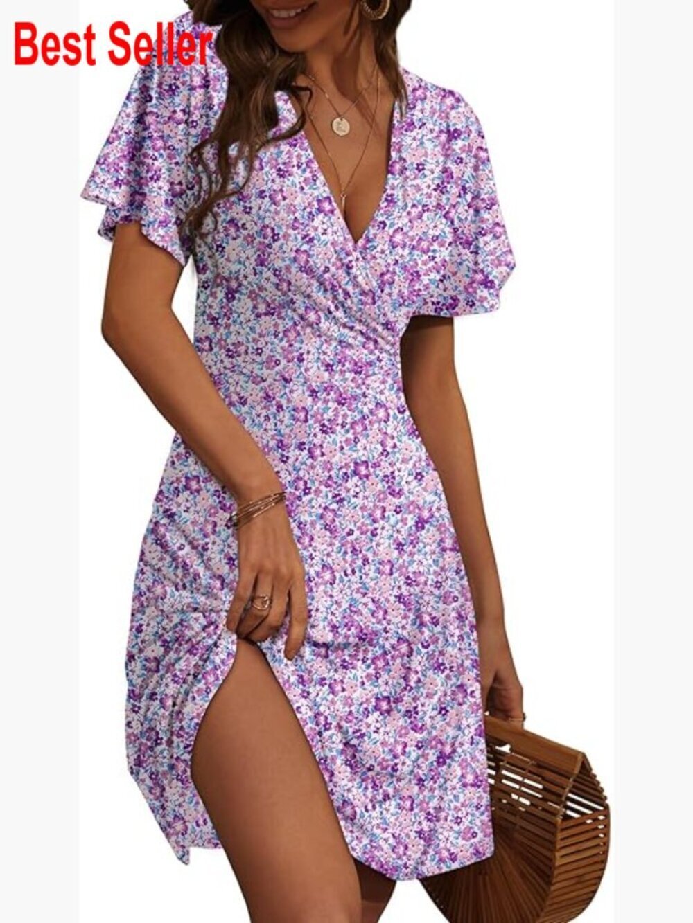Polyester Spandex Wrap V-Neck A-Line Midi Sundress
